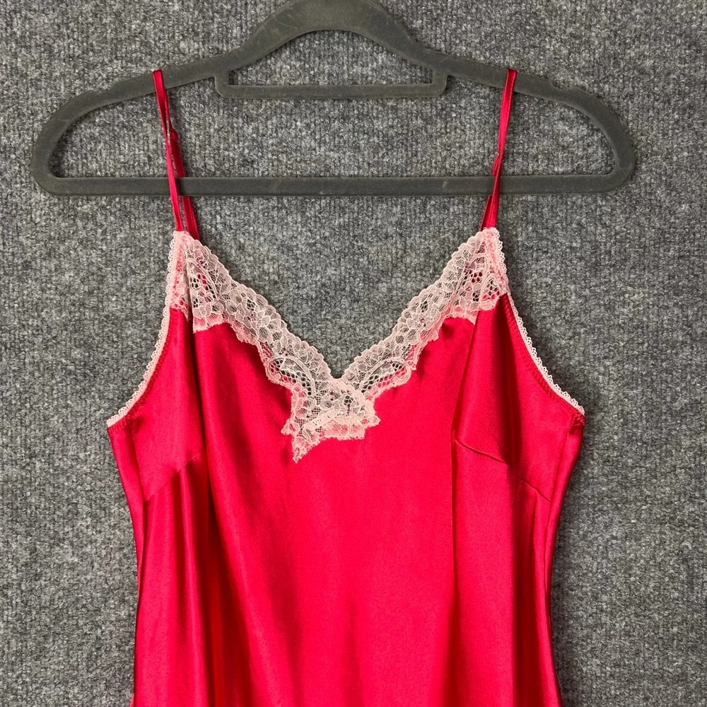 Victoria Secret Slip Dress Womens Medium Red Lace Trim Satin Chemise